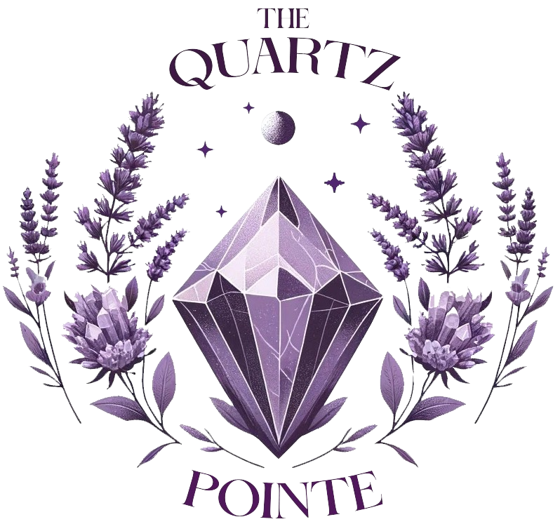 A purple diamond with flowers and the words " the quartz pointe ".