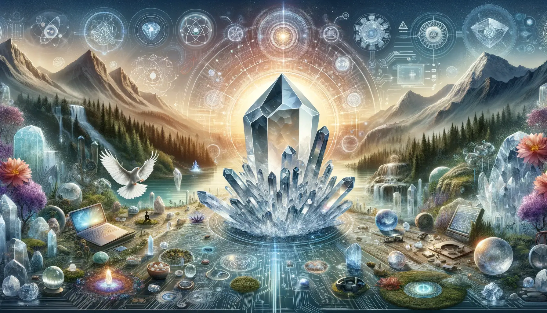 A painting of crystals and mountains with birds flying around.