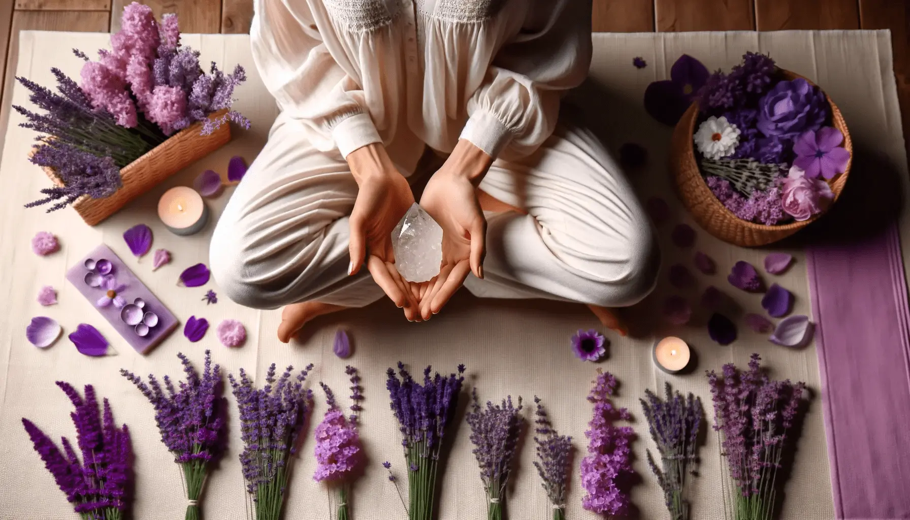 A person sitting on the ground with flowers in front of them.