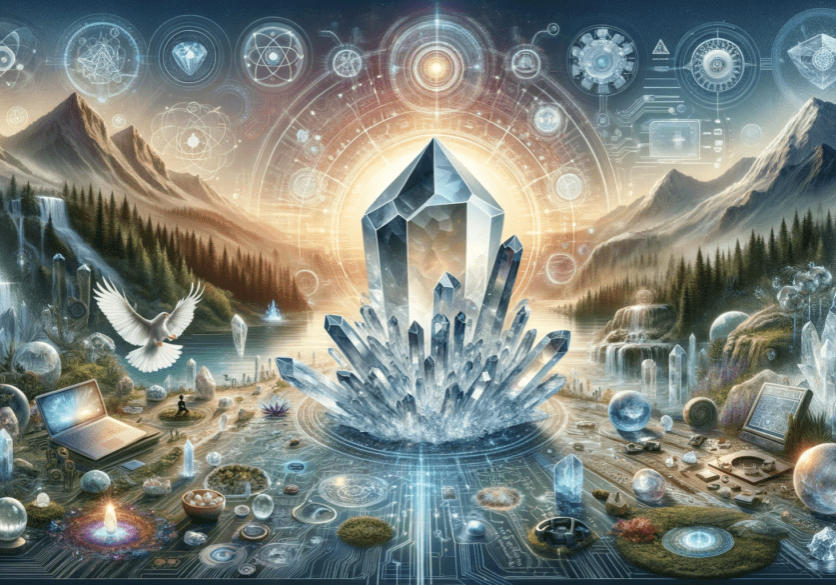 A painting of crystals and mountains with birds flying around.