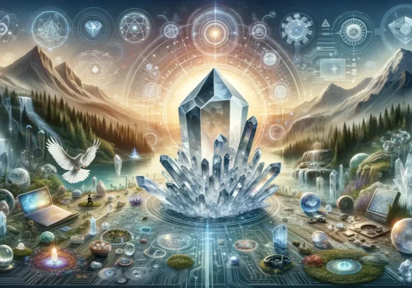 A painting of crystals and mountains with birds flying around.