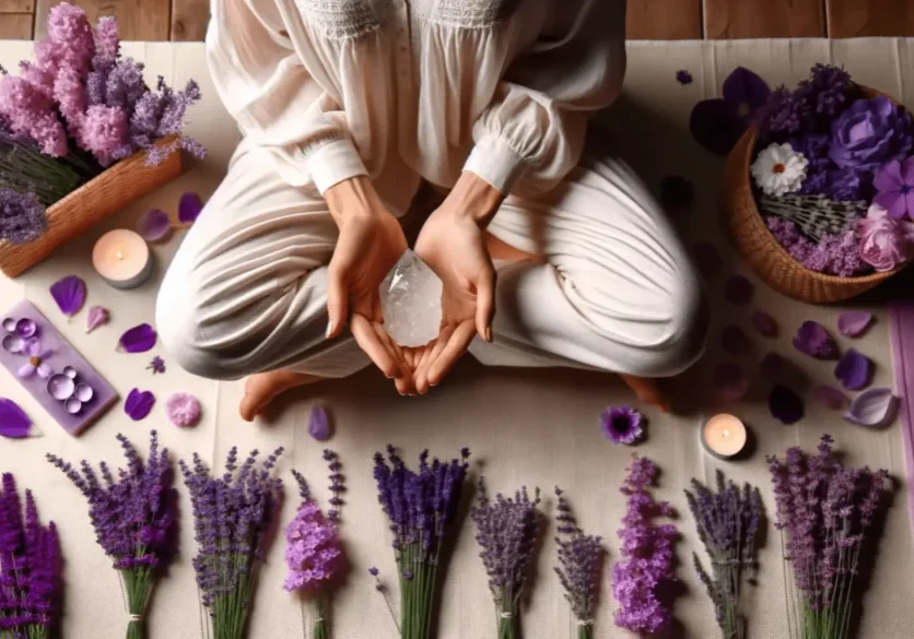 A person sitting on the ground with flowers in front of them.